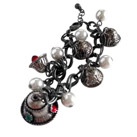 Vintage Silver Bells Faux Pearl Charm Bracelet - Picture 3 of 4